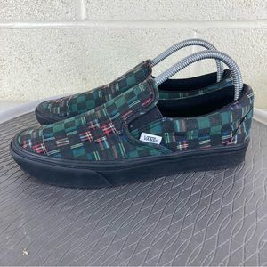 Vans Plaid Slip-On Shoes - Green and Black